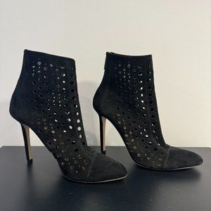 Tamara Mellon Black Suede Lasercut Accent Boots, Size 8.5